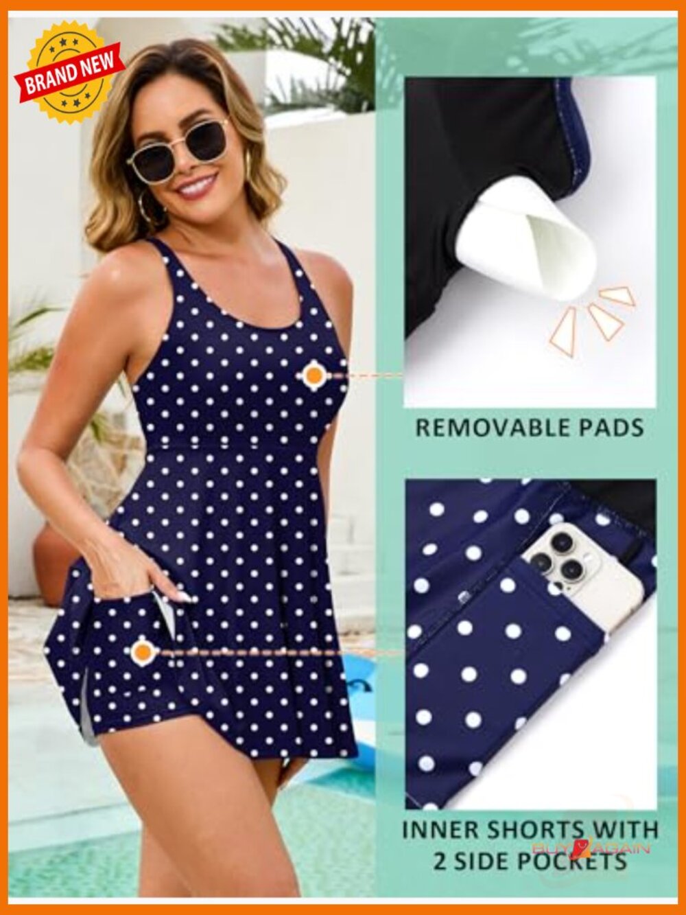 Tummy Control One Piece Swim Dress Adjustable Crisscross Straps - Picture 4 of 7